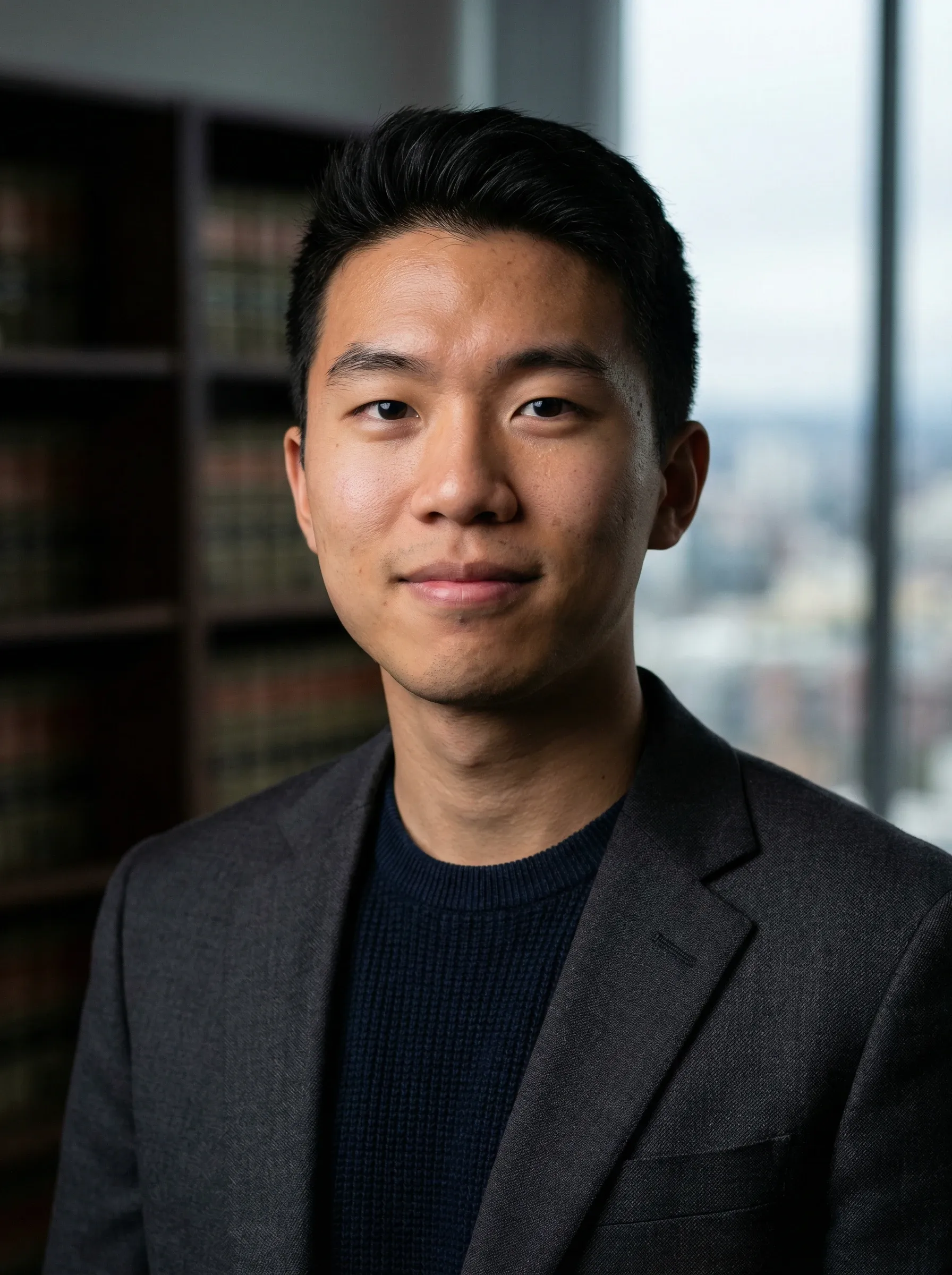 AI lawyer headshot — man in a charcoal blazer and dark knit shirt against a blurred office background